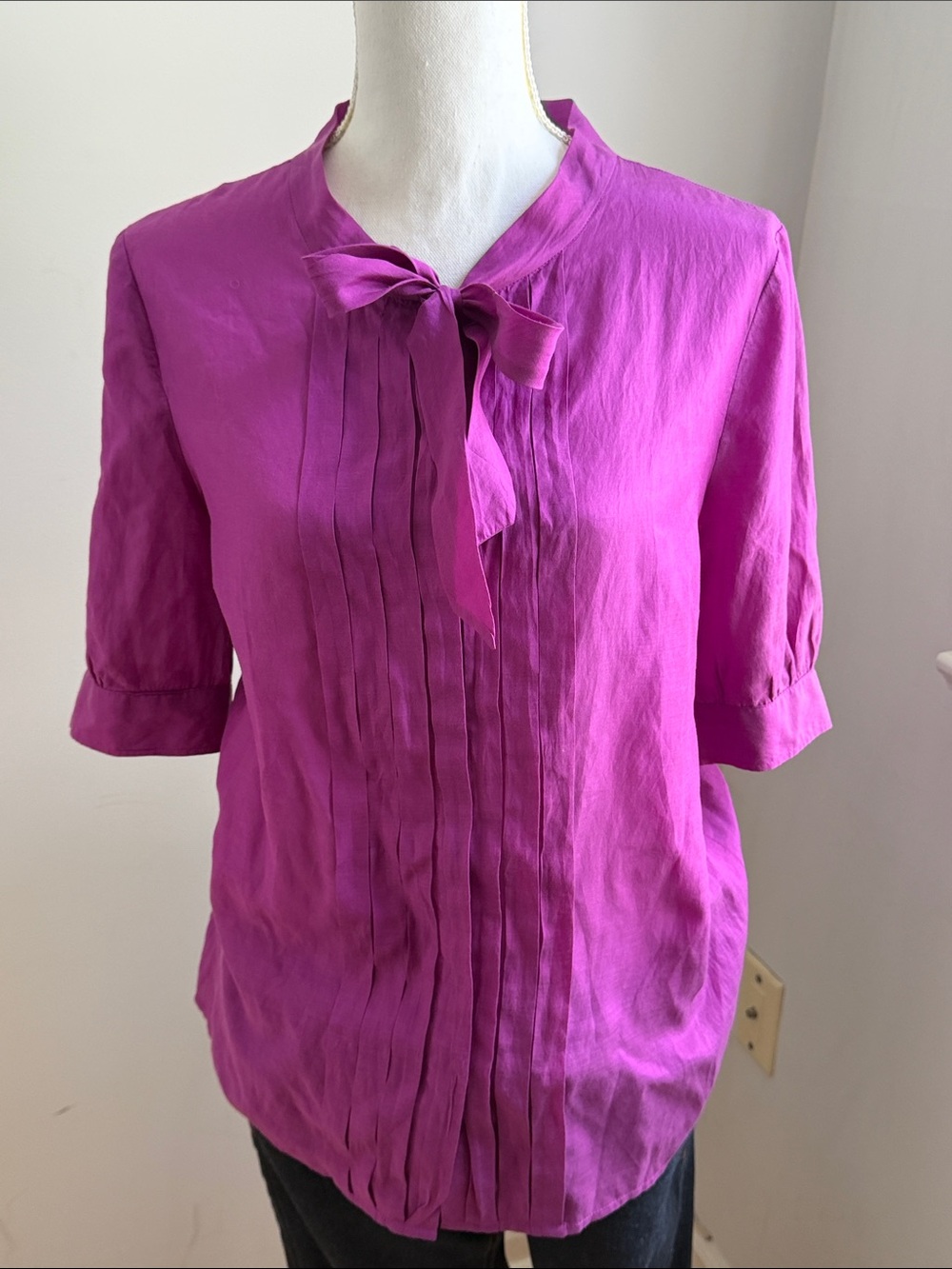 J. Crew Silk Tie-Neck Pintuck Blouse in Bold Magenta silk blend M
